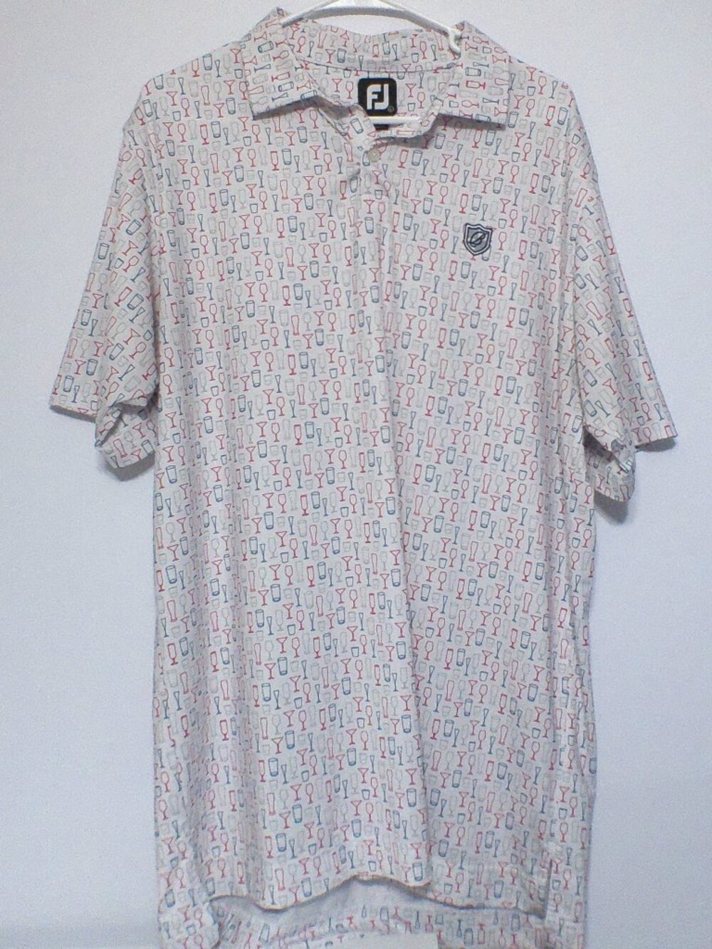 FootJoy FJ Golf Polo Shirt Men’s Large White Cocktail Print Crest Logo Performan